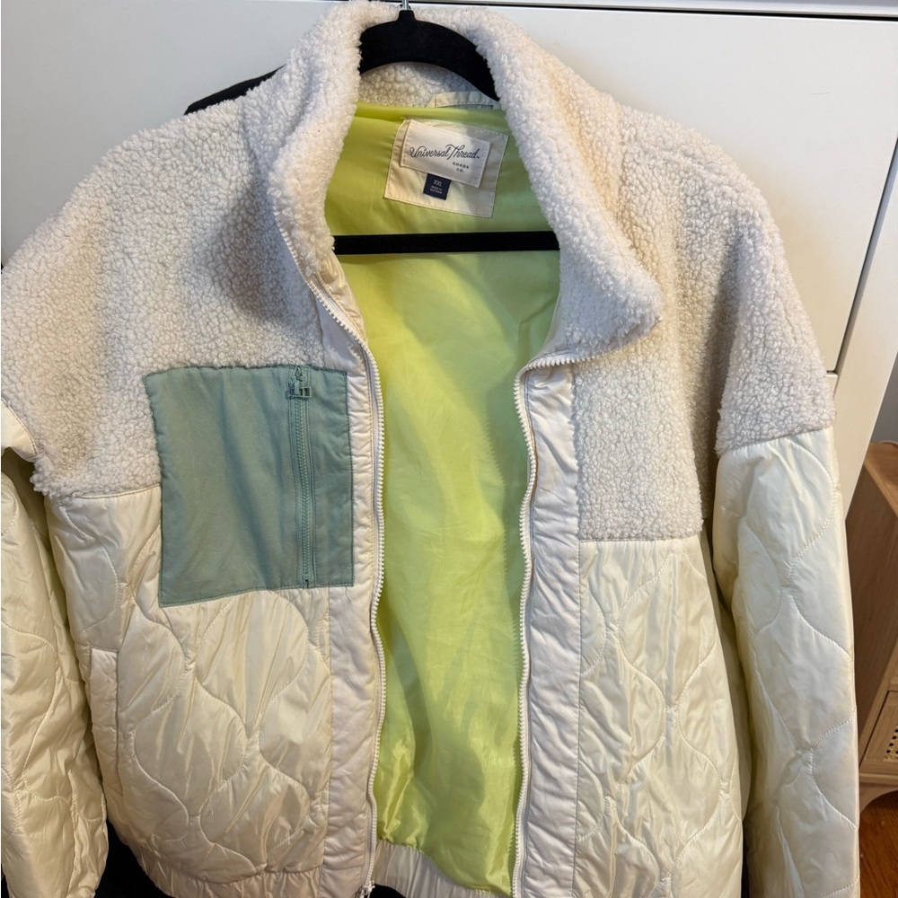 Universal Thread Cream and White Sherpa Jacket with Blue Accents